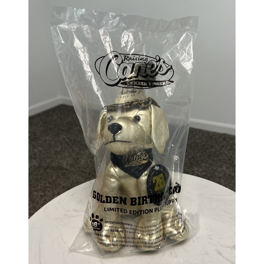Raising Cane's Dog Puppy 2025‎ Plush Golden 28th Birthday Cane Gold NEW Sealed
